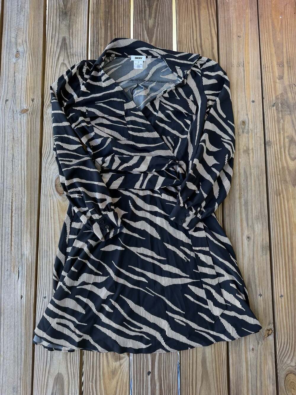 DKNY Women's Long Sleeve Collar Animal Print Side Wrap A-Line Dress Size 6